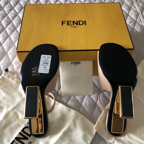 AUTHENTIC, NWT Beautiful, Fendi First Sandal, Blush Color, Gold Fendi Logo Heel - Picture 2 of 12